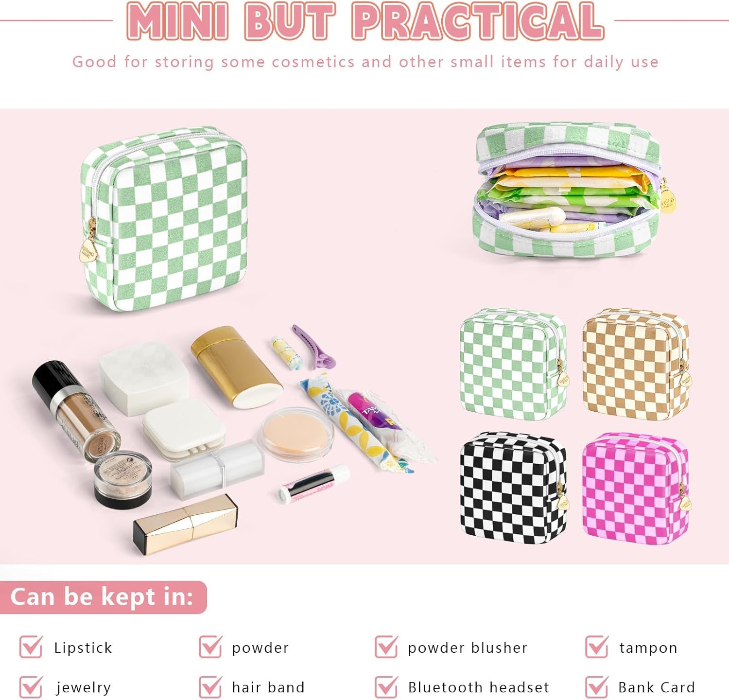 5.1'' X 5.1'' Small Makeup Bag for Purse Flocked Material Mini Travel Makeup Bag with Two Inner Pockets Portable Cute Cosmetic Bags for Women (Green-White Checker)