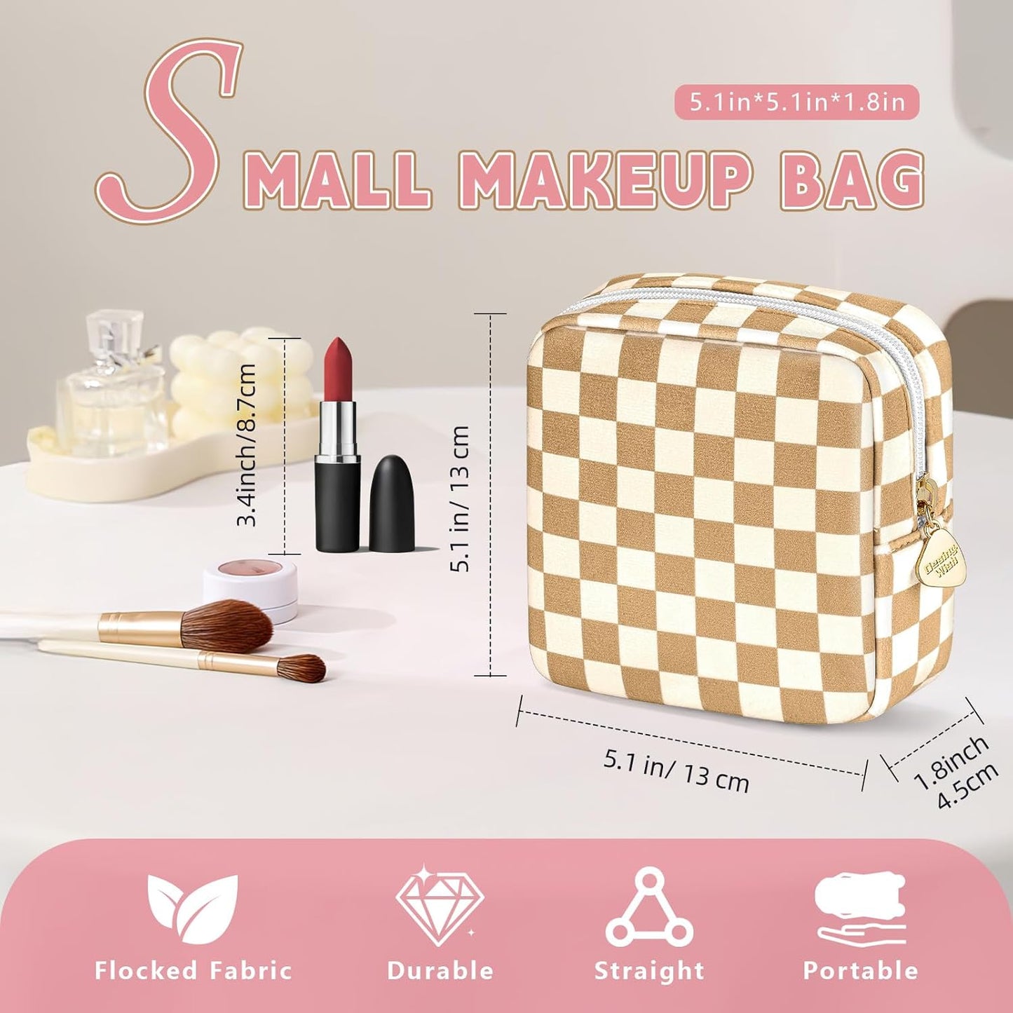 5.1'' X 5.1'' Small Makeup Bag for Purse Flocked Material Mini Travel Makeup Bag with Two Inner Pockets Portable Cute Cosmetic Bags for Women (Green-White Checker)