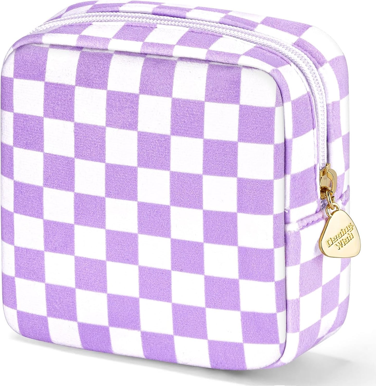 5.1'' X 5.1'' Small Makeup Bag for Purse Flocked Material Mini Travel Makeup Bag with Two Inner Pockets Portable Cute Cosmetic Bags for Women (Green-White Checker)