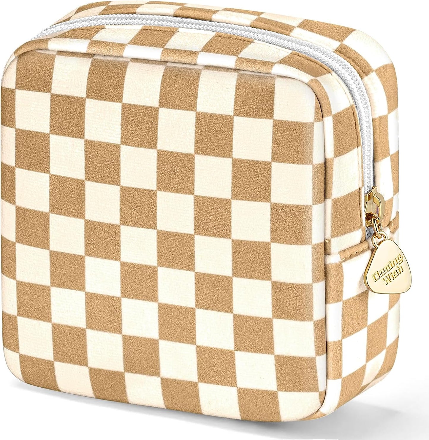 5.1'' X 5.1'' Small Makeup Bag for Purse Flocked Material Mini Travel Makeup Bag with Two Inner Pockets Portable Cute Cosmetic Bags for Women (Green-White Checker)