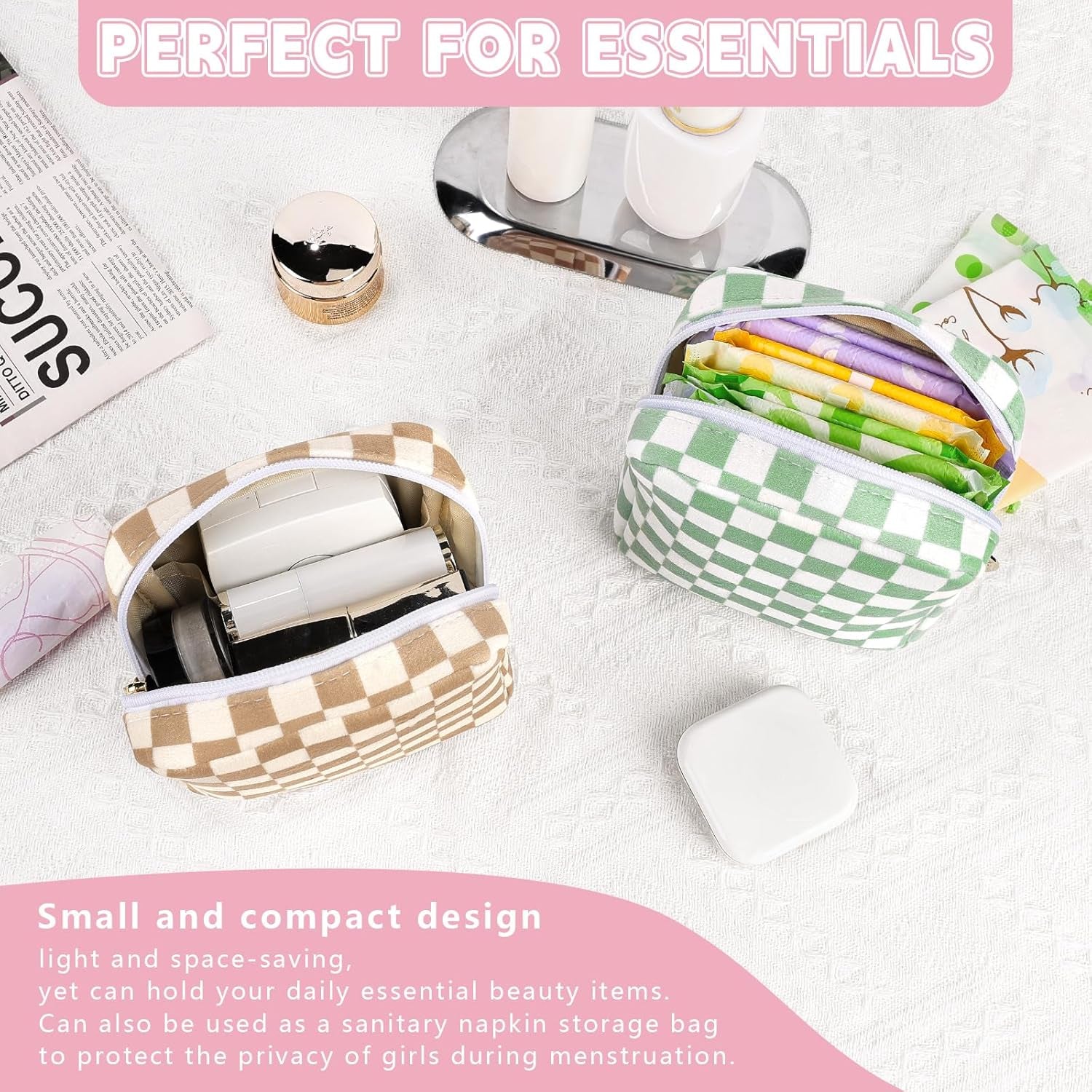 5.1'' X 5.1'' Small Makeup Bag for Purse Flocked Material Mini Travel Makeup Bag with Two Inner Pockets Portable Cute Cosmetic Bags for Women (Green-White Checker)
