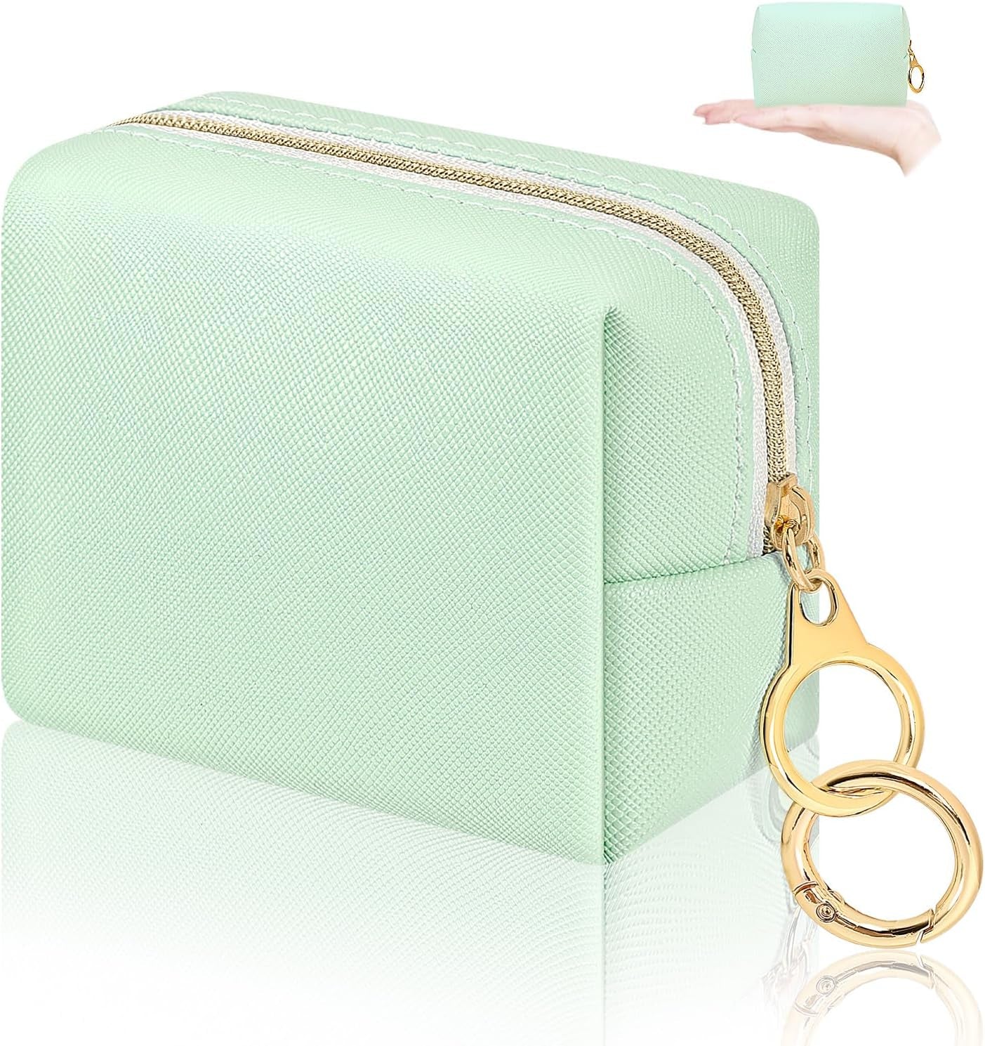 5.1'' X 5.1'' Small Makeup Bag for Purse Flocked Material Mini Travel Makeup Bag with Two Inner Pockets Portable Cute Cosmetic Bags for Women (Green-White Checker)