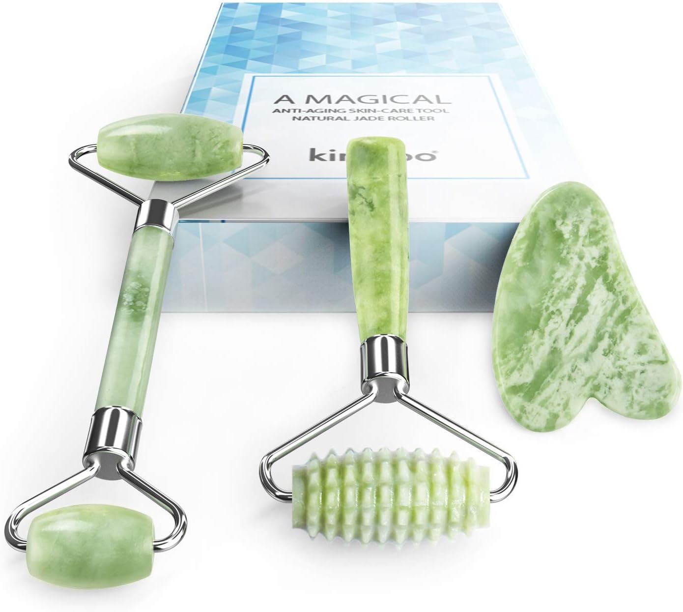 Jade Roller and Gua Sha for Face-3 in 1 Kit with Facial Massager Tool,100% Real Natural Jade Stone anti Aging,Face Beauty Set for Eye Anti-Wrinkle