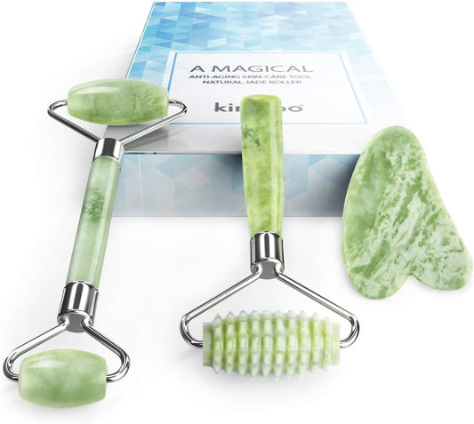 Jade Roller and Gua Sha for Face-3 in 1 Kit with Facial Massager Tool,100% Real Natural Jade Stone anti Aging,Face Beauty Set for Eye Anti-Wrinkle