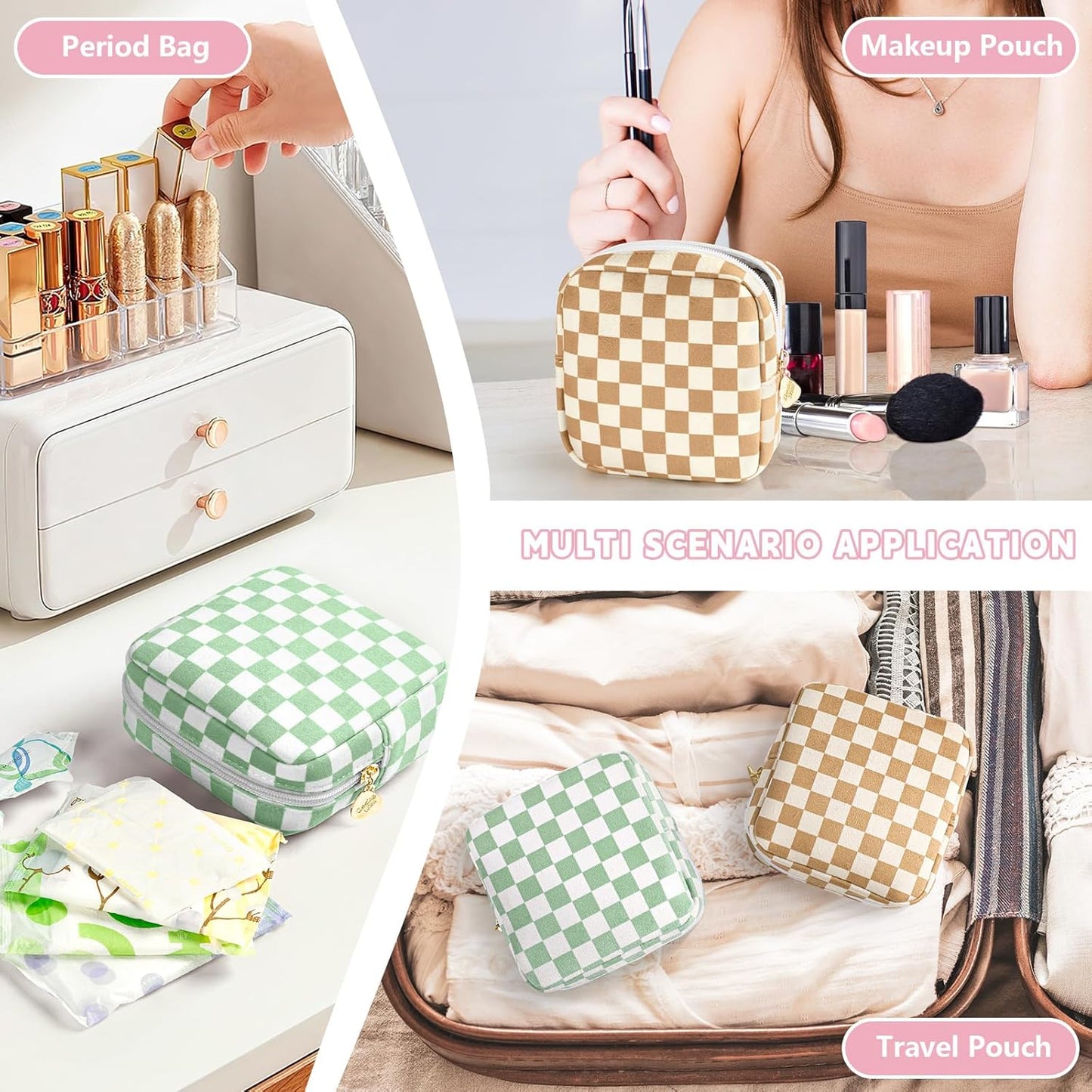 5.1'' X 5.1'' Small Makeup Bag for Purse Flocked Material Mini Travel Makeup Bag with Two Inner Pockets Portable Cute Cosmetic Bags for Women (Green-White Checker)