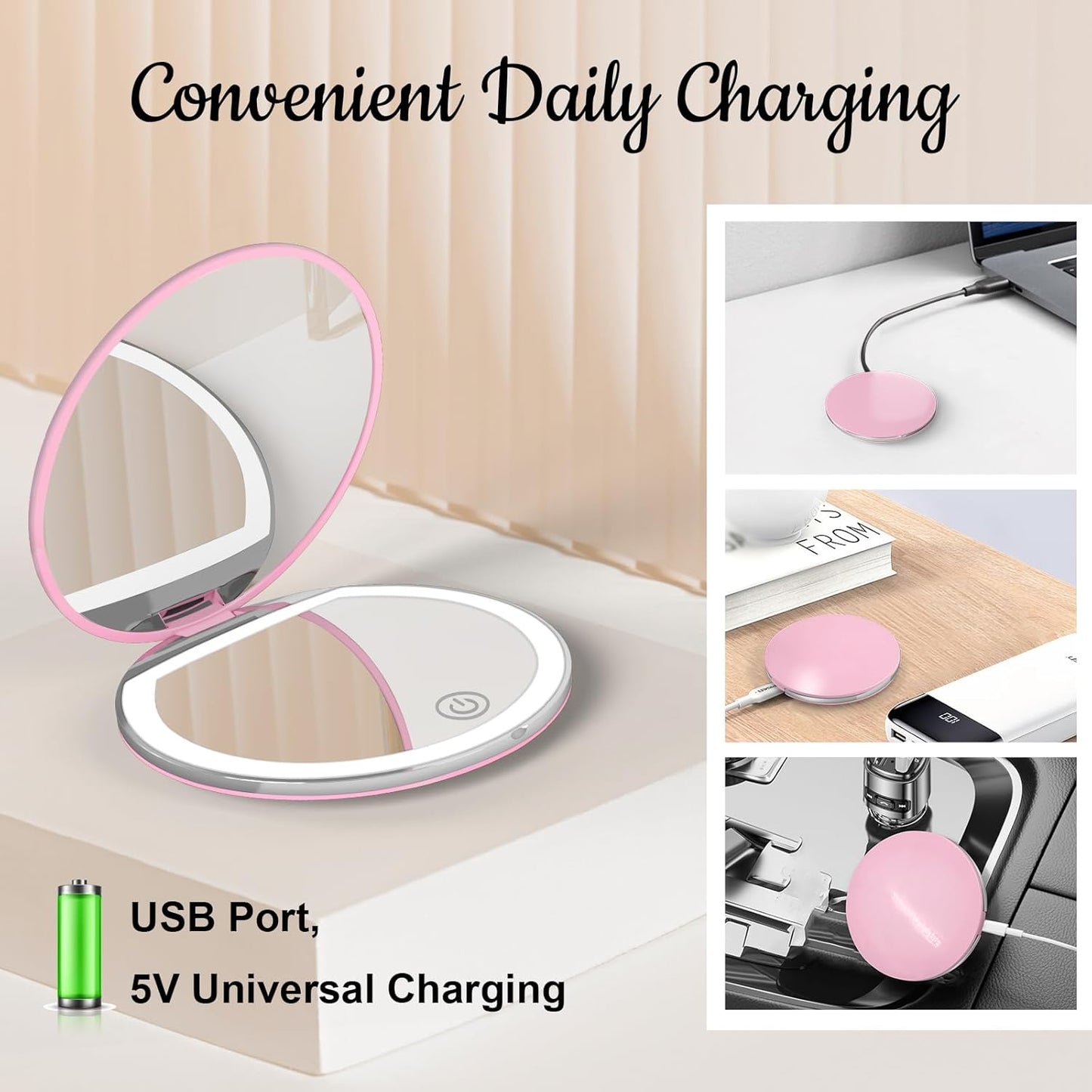 Compact Mirror with Light, 1X/3X Magnification LED Pocket Mirror with USB Data Cable,Mini Mirror for Purse, Pocket,Travel and Present (Pink)