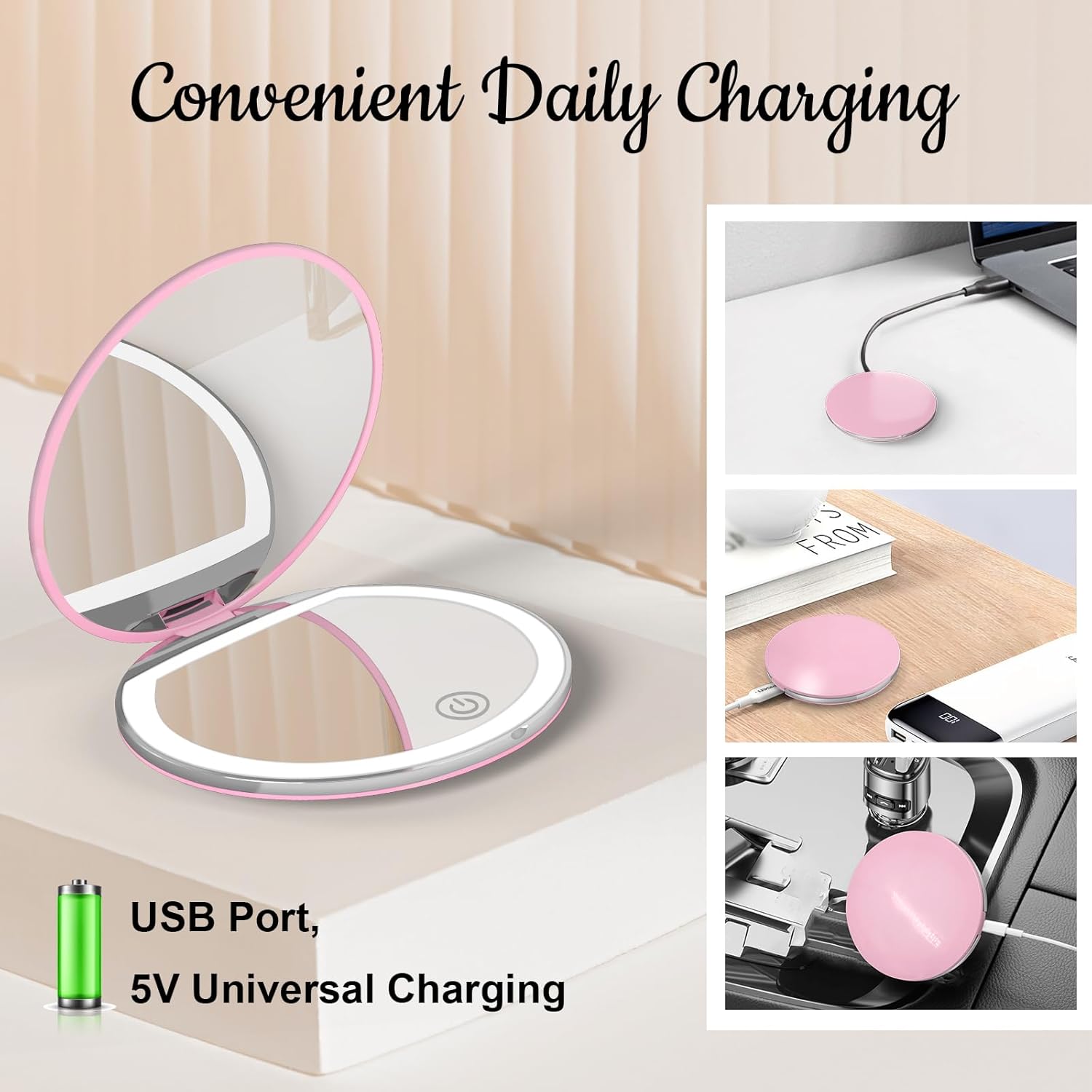 Compact Mirror with Light, 1X/3X Magnification LED Pocket Mirror with USB Data Cable,Mini Mirror for Purse, Pocket,Travel and Present (Pink)