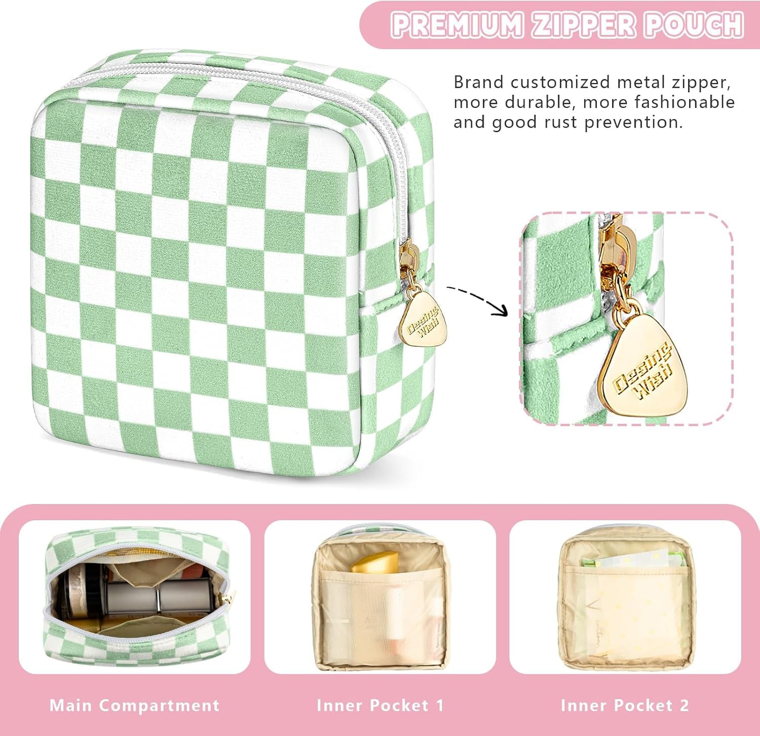 5.1'' X 5.1'' Small Makeup Bag for Purse Flocked Material Mini Travel Makeup Bag with Two Inner Pockets Portable Cute Cosmetic Bags for Women (Green-White Checker)