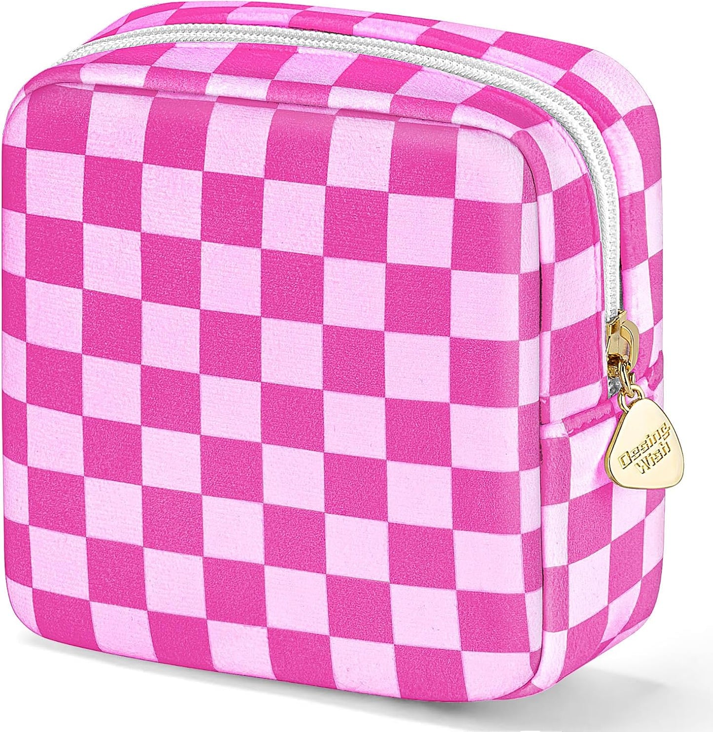 5.1'' X 5.1'' Small Makeup Bag for Purse Flocked Material Mini Travel Makeup Bag with Two Inner Pockets Portable Cute Cosmetic Bags for Women (Green-White Checker)