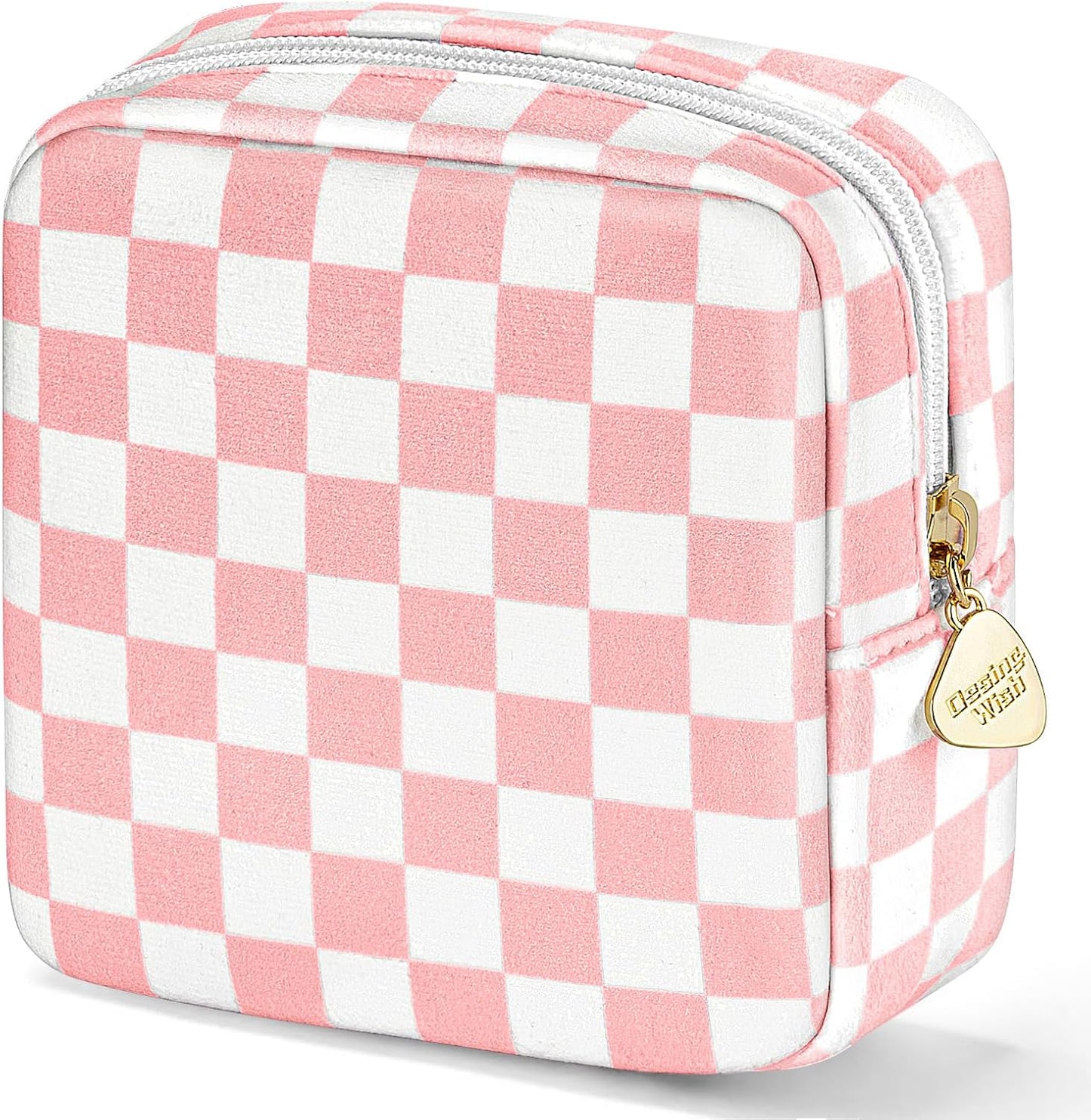 5.1'' X 5.1'' Small Makeup Bag for Purse Flocked Material Mini Travel Makeup Bag with Two Inner Pockets Portable Cute Cosmetic Bags for Women (Green-White Checker)