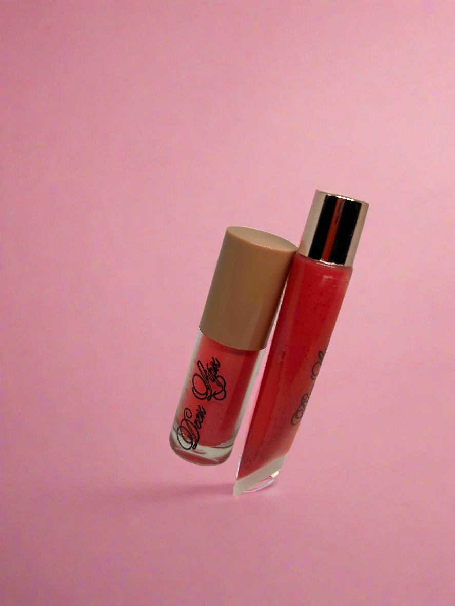 Two lipsticks, one red and one beige, on a white background