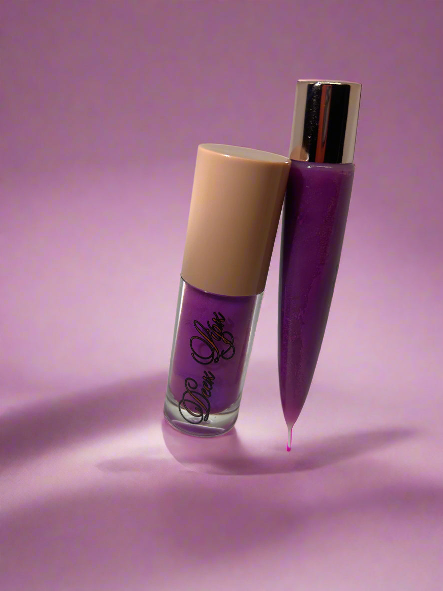 Two lip products, one purple and one beige, on a white background