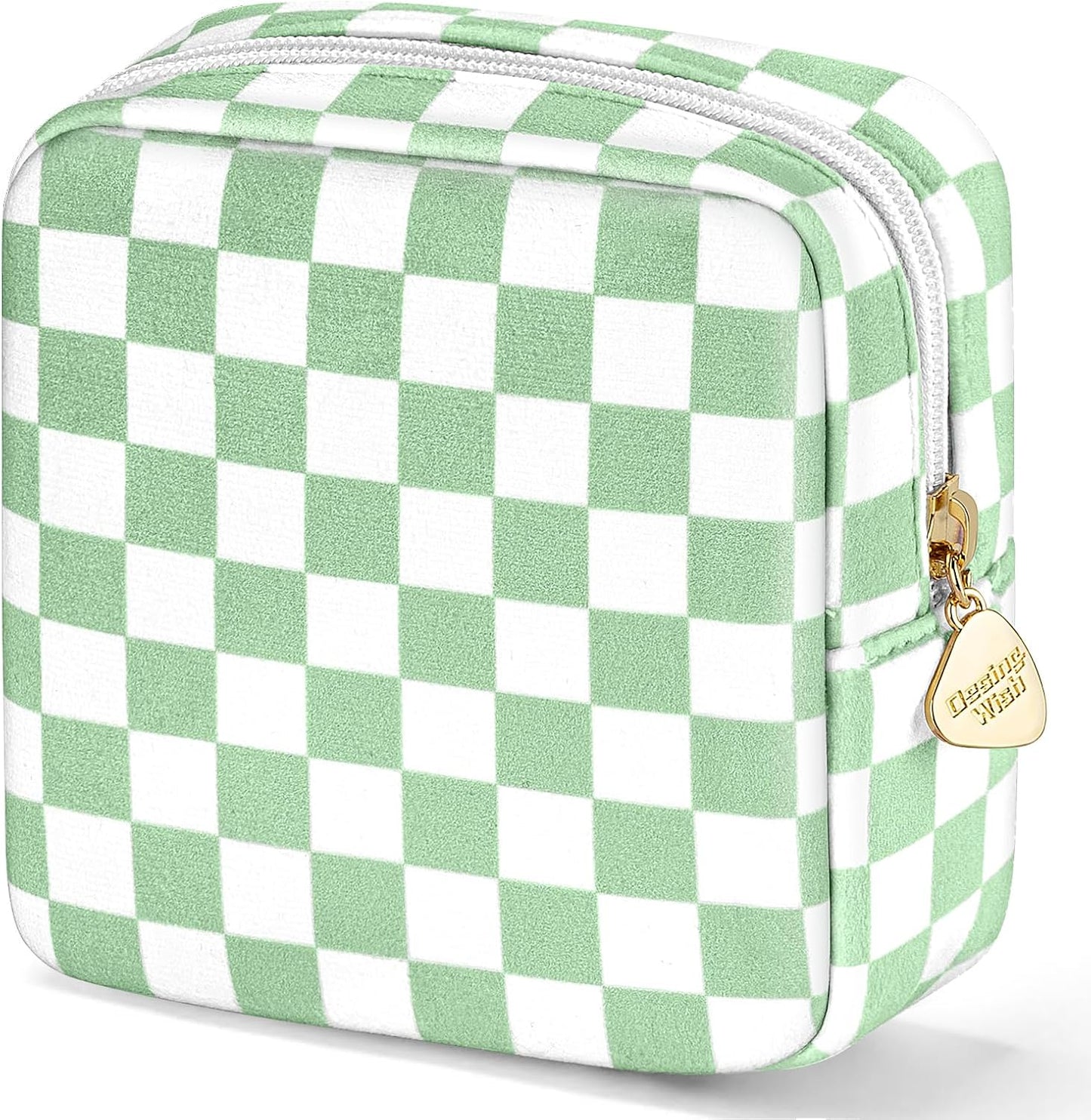 5.1'' X 5.1'' Small Makeup Bag for Purse Flocked Material Mini Travel Makeup Bag with Two Inner Pockets Portable Cute Cosmetic Bags for Women (Green-White Checker)