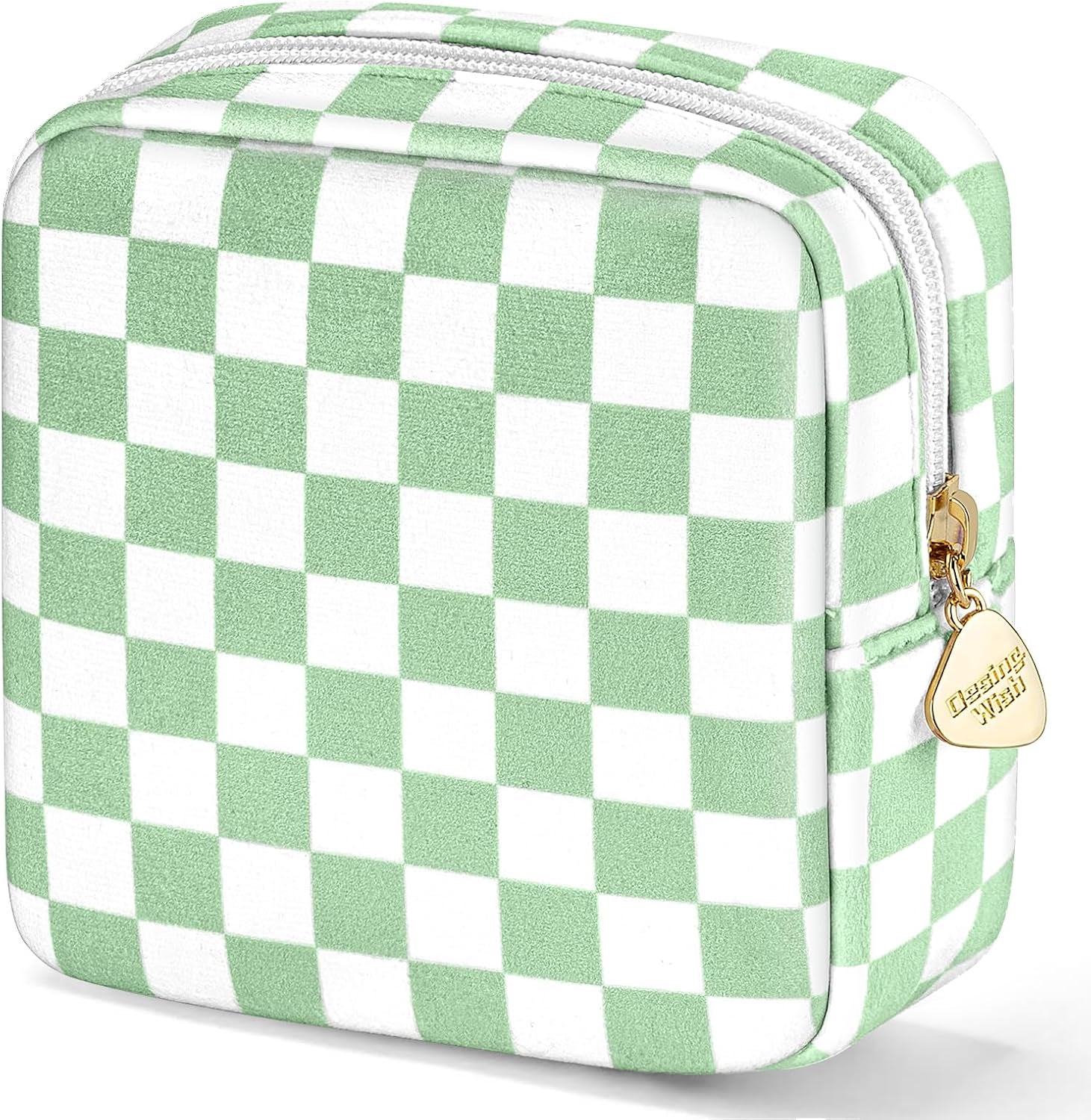 5.1'' X 5.1'' Small Makeup Bag for Purse Flocked Material Mini Travel Makeup Bag with Two Inner Pockets Portable Cute Cosmetic Bags for Women (Green-White Checker)