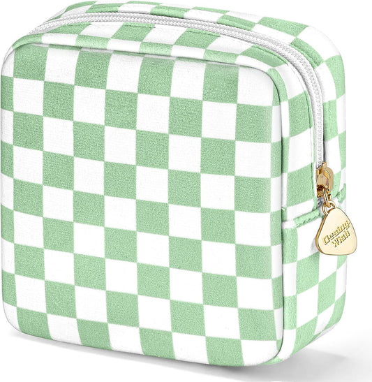 5.1'' X 5.1'' Small Makeup Bag for Purse Flocked Material Mini Travel Makeup Bag with Two Inner Pockets Portable Cute Cosmetic Bags for Women (Green-White Checker)