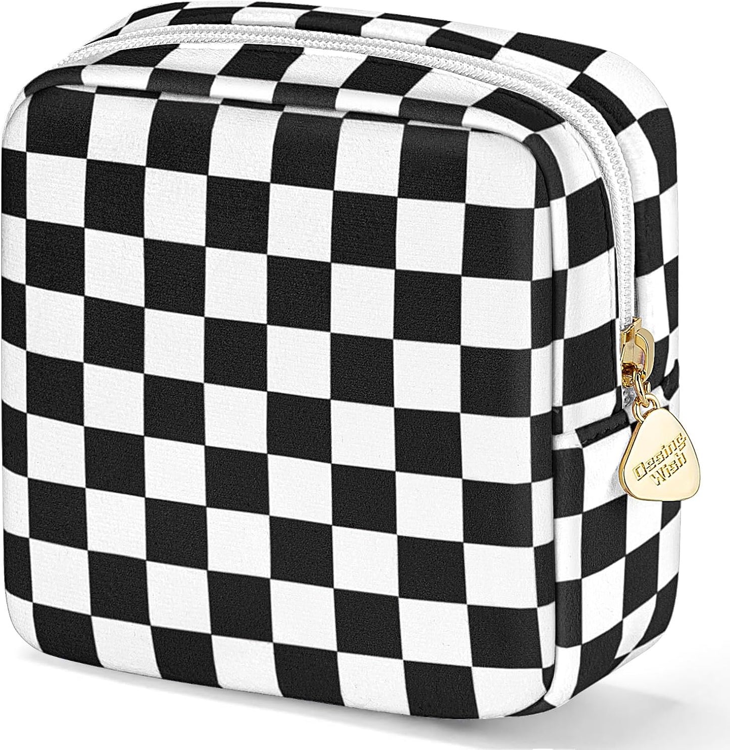 5.1'' X 5.1'' Small Makeup Bag for Purse Flocked Material Mini Travel Makeup Bag with Two Inner Pockets Portable Cute Cosmetic Bags for Women (Green-White Checker)